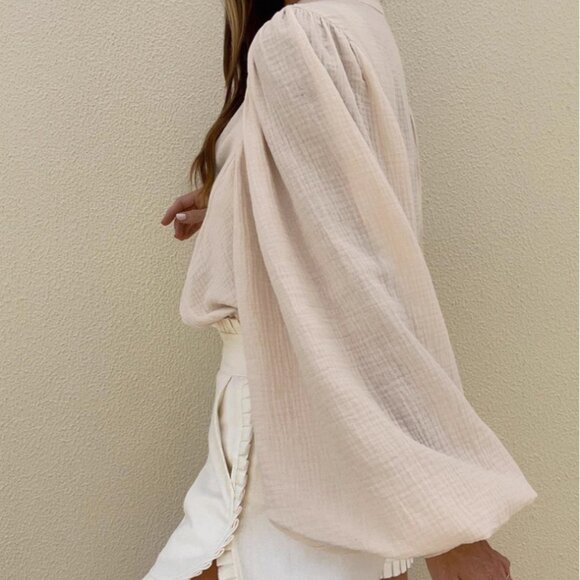 Baby Pink Casual Women's Batwing Lantern Sleeve Loose Shirt - Picture 3 of 4